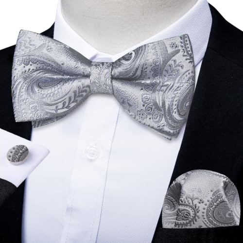 Image of DiBanGu Paisley Pre-Tied Bow Ties for Men Silk Adjustable Bowtie and Pocket Square Cufflinks for Wedding Party