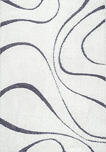 Image of Transitional Flames Shaggy Rectangular Carpet For Living Room,Bedroom,High Low Design Finish Microfiber 1.8 Inch Pile High,7X10 Feet White|Grey Color
