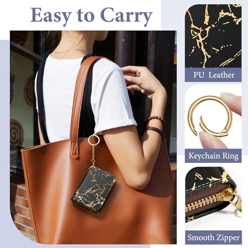 Image of Credit Card Holder RFID Wallet for Women, Small Leather Card Organizer Case with Zipper and Keychain, Black Gold Marble