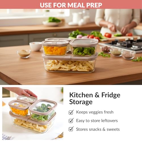 Image of Nestasia Vento Glass Containers with Lid Set of 4 (370ml x 2, 930ml x 1, 2500ml x 1) - Microwave, Refrigerator & Dishwasher Safe Containers with Air Vent Lid for Fridge Storage (Beige)