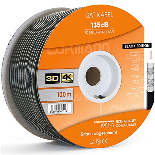 LOKMANN 100m Schwarz Koaxialkabel 135dB 5-Fach geschirmt Koax Antennenkabel Satellitenkabel Sat Kabel Stahl Kupfer Cover