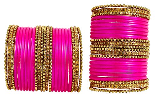 Image of NMII Glass With Zircon Gemstone Studded Worked and Ball Chain Or Plane Gloosy Finished Bangles Set For Women and Girls