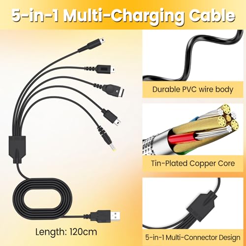 Image of Tobfit 5-in-1 Charger Cable for Nintendo DS Lite, for DS Lite, Wii U, New 3DS XL, 3DS, 2DS, DSi XL, Gameboy Advance SP, PSP 1000 /2000 /3000 - Multi-Compatible Charging Cable