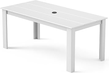 GREENVINES HDPE Outdoor Dining Table w/Umbrella Hole for 6, White | 67 x 34 | Rectangle | All Weather | Heavy Duty Patio Furniture | Waterproof | Low Maintenance for Deck Garden & Backyard