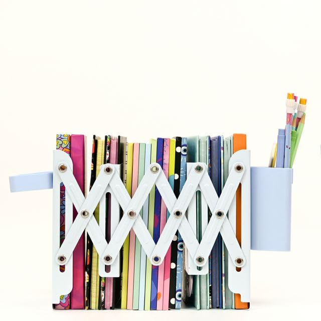 Image of Adjustable Bookend Organizer with Pen Holder | Expandable Desk Bookshelf for Office, Study, and Home | Book Rack Stand for Books, Files & Stationery (Extends Up to 17 Inches) - Blue