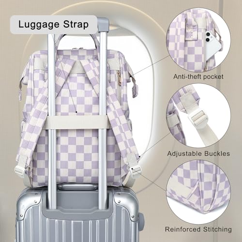 Laptop Backpack for Women, Corduroy College School Backpack Bookbag 15.6 inch Business Computer Travel Backpack (Checkered Purple)4
