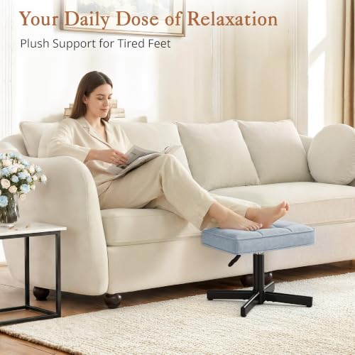 Image of LUE BONA Adjustable Vanity Stool, 15''-19.5'' Foot Rest Under Desk, 360 Swivel Vanity Chair for Makeup Room, Blue Upholstered Faux Leather Ottoman for Bathroom & Living Room, 300lbs