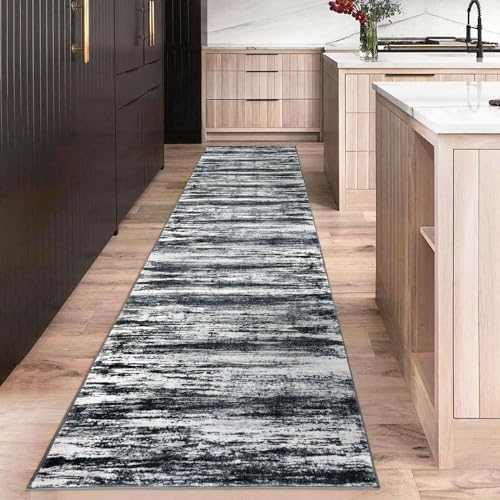 KOZYFLY 3x10 Ft Rug Modern Ombre Runner Rug for Hallway, Washable Kitchen Rugs Non-Slip Soft Striped Entryway Rug, Print Distressed Black Navy Blue Grey Abstract Carpet for Laundry Nursery