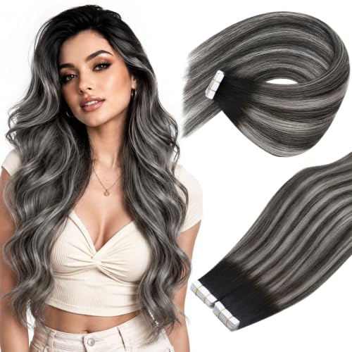 Ve Sunny Tape in Hair Extensions Human Hair Ombre Black With Silver Remy