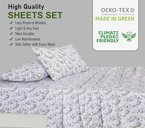 RUVANTI 100% Cotton King Size Sheets Set, 4 Pieces, Soft & Breathable Percale Weave Bedding, Deep Pocket 16", Hotel Standard, Crisp Cool Feel, Durable, Perfect Floral Bed Sheet, Heritage
