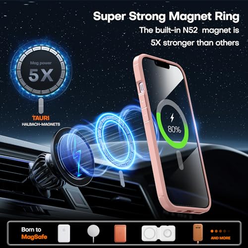 Image of TAURI for iPhone 14 Case, Compatible with MagSafe, Pink | with Screen Protector, Not-Yellowing Military-Grade Protection, Shockproof Slim Magnetic Case for iPhone 14