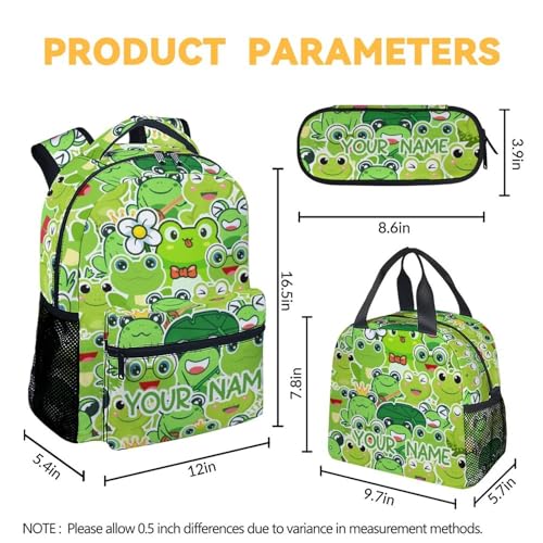 Custom Frog Girls Backpack with Lunch Box Set, 3 in 1 School Backpacks Matching Combo, Cute Green Bookbag and Pencil Case Bundle4