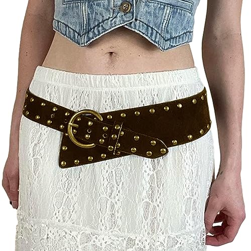 Women Vintage Leathercraft Waist Belt Punk Waist Belt Elastic Bands With Studded Rivets Brown Basic Belt