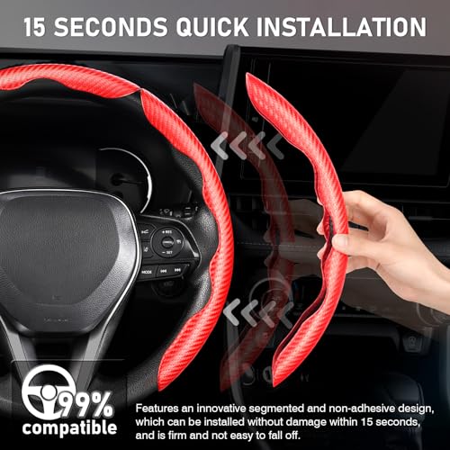 Image of 3 Piece Carbon Fiber Steering Wheel Cover, Car Steering Wheel Cover for Men /Women, Anti-Slip, Comfortable Grip, Durable, Universal for 99% Car Interior Accessories (Red)
