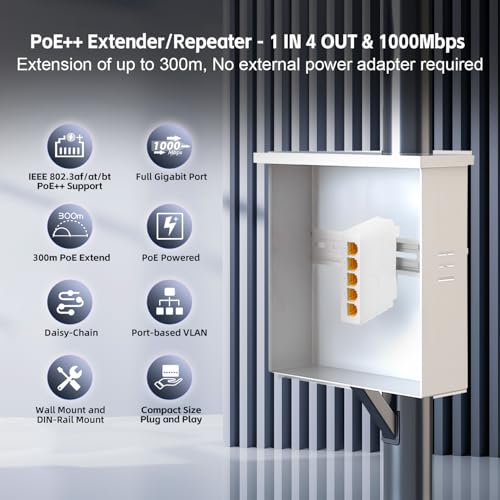 Image of 5 Port Gigabit PoE Extender, 1 in 4 Out PoE+ Switch, 10 /100 /1000Mbps, IEEE 802.3 af /at /bt 90W, Wall and Din Rail Mount YuLinca PoE Passthrough Switch