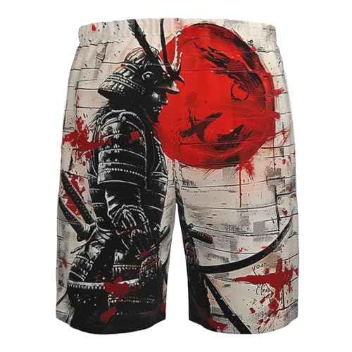 Japanese Samurai Black Armor Sun Graffiti Red White Men's Quick Dry Swim Shorts, Mesh Lined Beach Trunks with Pockets3