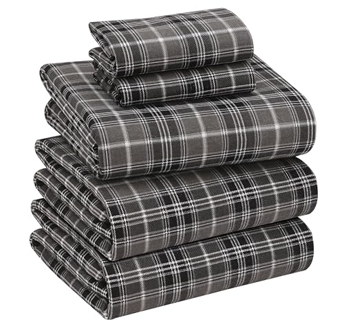 RUVANTI Flannel Sheets Split King Size - 100% Cotton Double Brushed Split King Bed Sheets Set Deep Pockets 16 Inches All Seasons Breathable & Extra Soft Warm & Cozy 5 Piece Grey Plaid