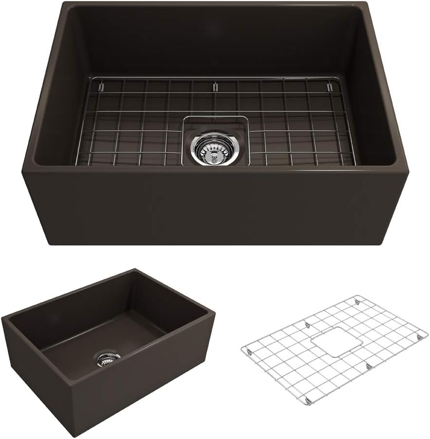 BOCCHI Contempo Farmhouse Apron Front Fireclay 27 in. Single Bowl Kitchen Sink with Protective Bottom Grid and Strainer in Matte Brown