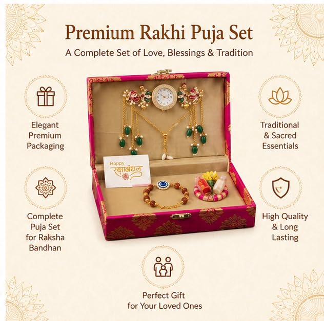 Image of Designer Set for Brother with Analog Wrist Watch, Matching, Rudraksha Evil Eye Rakhi, Roli Chawal & Gift Box | Raksha Bandhan Gift Hamper