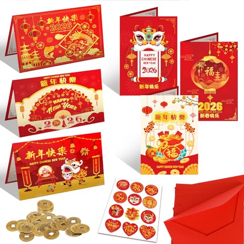 DPKOW 2026 Juego de tarjetas de Año Nuevo Chino, 6 tarjetas del año del Caballo + 6 sobres rojos + 10 monedas chinas + 12 pegatinas de Año Nuevo Chino, de felicitación