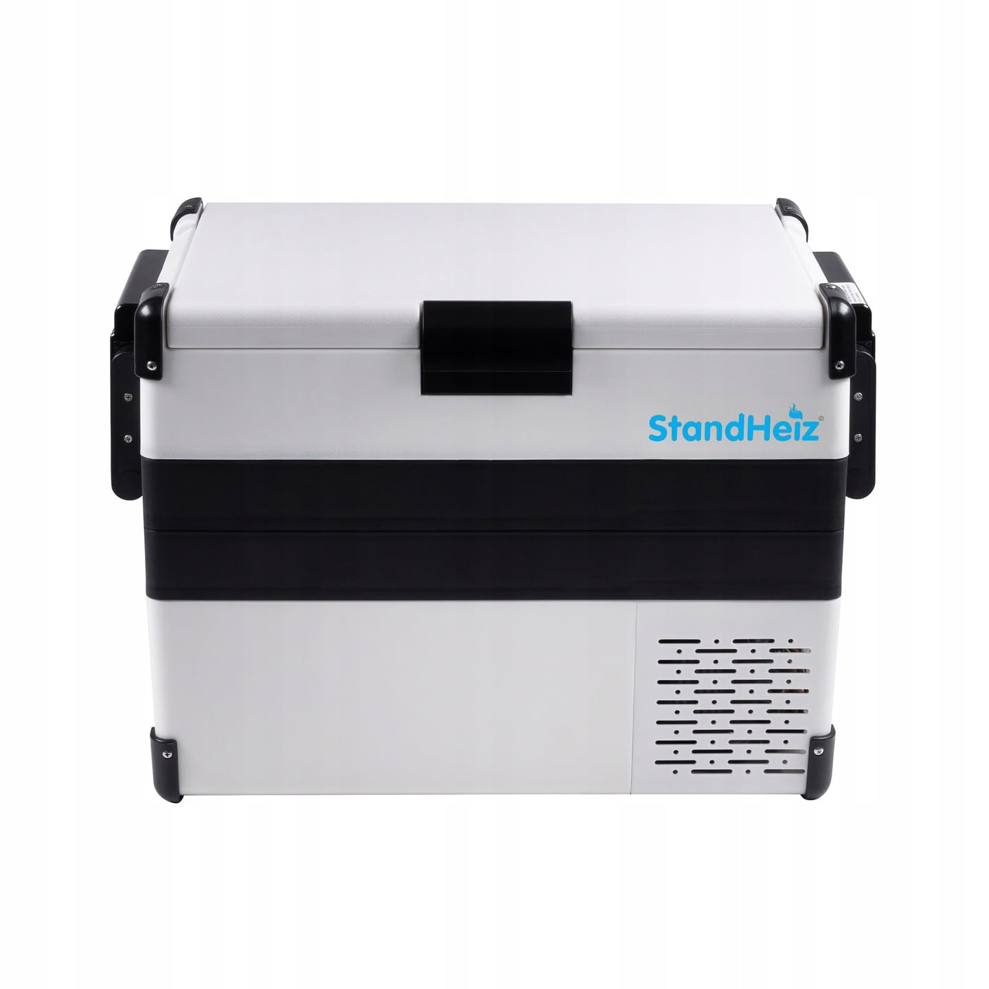 Tragbare Kühlbox Weiß Kompressor 42L Beste Lösung für Wohnmobile und Autos, ideal für Camping, mit Gefrierfunktion bis -20°C, betrieben mit 12V, 24V und 230V, leise und energiesparend.