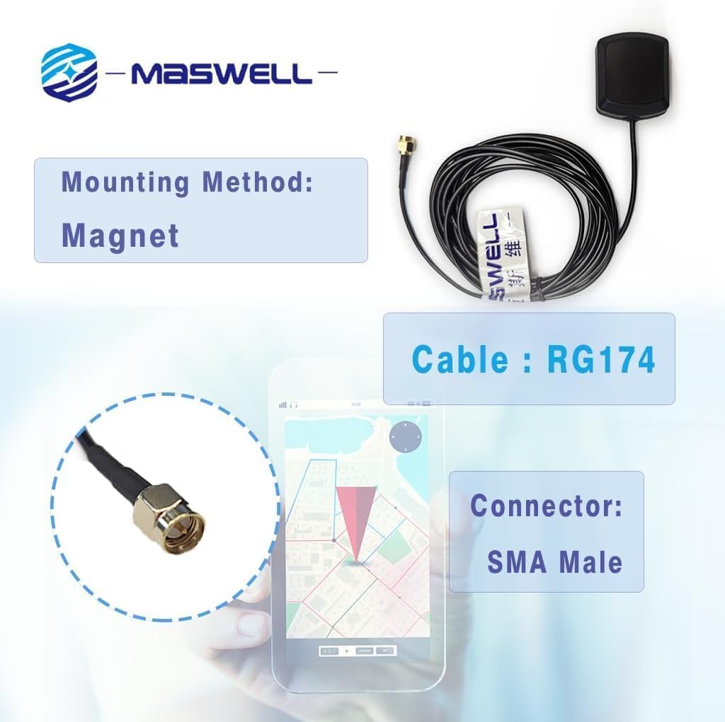 Maswell GLONASS G1 GPS L1 Antenna magnetica attiva IP67 Navigazione Veicolo Auto Camion Barca Barca Camper Navigazione satellitare Cavo da 3 metri Spina SMA Antenna esterna Impermeabile per esterni