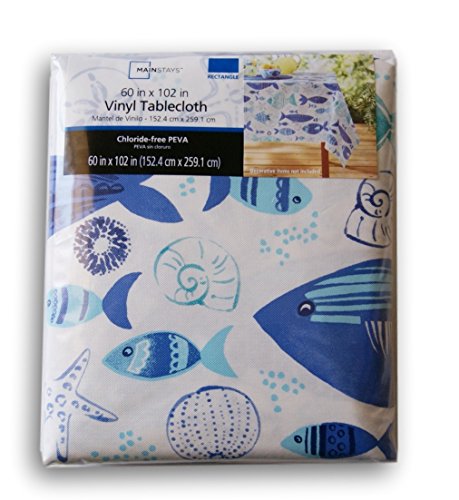 Spring Summer Themed Flannel Backed Vinyl Tablecloth - Multi Fish 60  x 102 inches