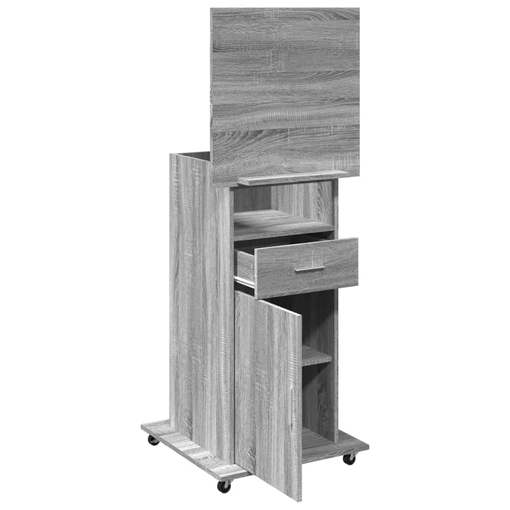 Atril con ruedas y cajón, gris Sonoma, 55 x 55 x 107 cm, escritorio de pie móvil con placa superior inclinable y espacio de almacenamiento para presentaciones y oficina de material de madera