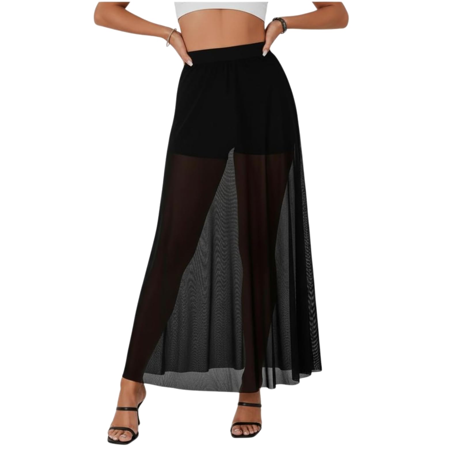 Women's Sheer Mesh Maxi Skirt, High Waist, A-Line Flowy Transparent Long Skirt, Beach Cover Up, Clubwear, Black-picture-49