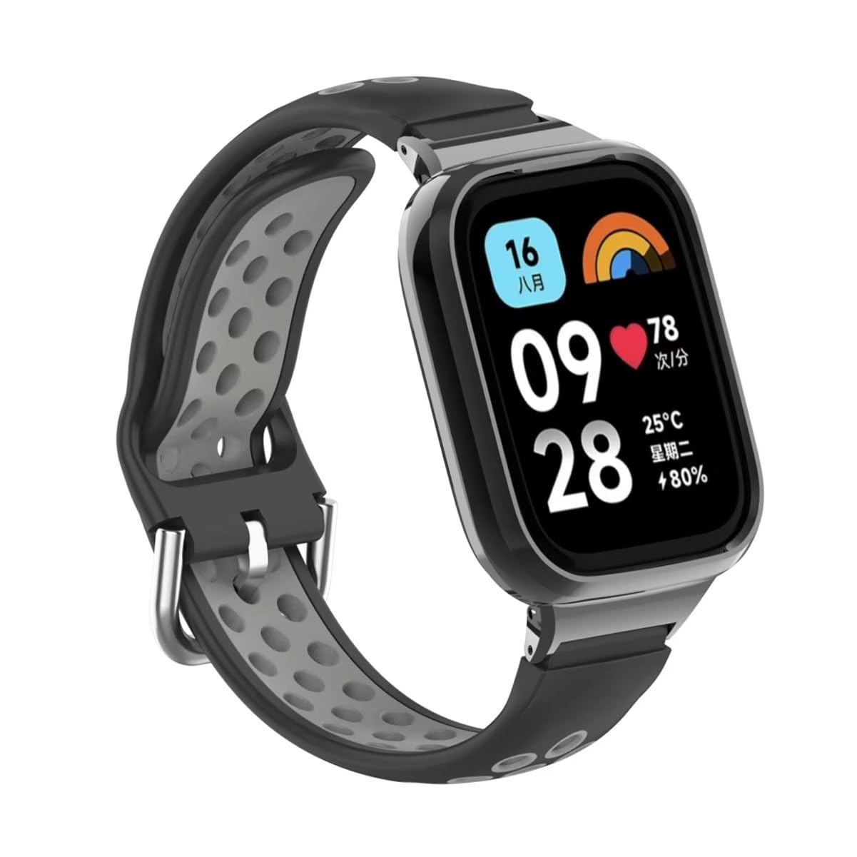 T-BLUER Strap Compatible with Xiaomi Redmi Watch 3 Active,Silicone Breathable two-color Watch Band Stainless Steel Metal Protective Frame Bracelet Accessories for Redmi Watch 3 Active Black Gray - Image 2