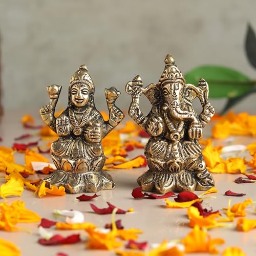 Image of Habere India-All the Cultures Fabricating India Brass Lakshmi Ganesh Idol Set for Pooja Room | Pure Brass Lakshmi Ganesh Murti for Home | Decorative Statue for Mandir (Design06: L4 x W3 x H6 cm)