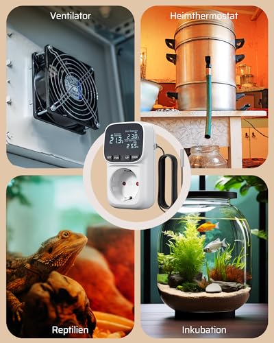 DEWENWILS Temperaturregler, Deutsches Display, Temperaturschalter mit Fühler 230V, Digital Thermostat Steckdose, Temperaturwächter mit Heiz- und Kühlmodus für Gewächshaus, Terrarium, Kühlschrank