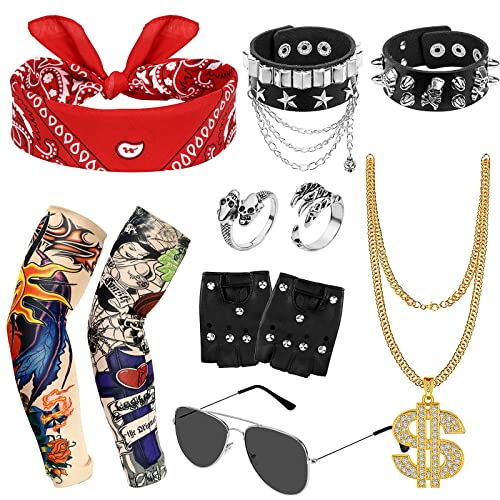 Hysagtek Punker Kostüm Zubehör, 11 Stück Punk Gothic Rocker Kit, Rocker Outfit Herren mit Punk Bandanas Handschuhe Punk Kette und Arm Fake Tattoo ärmel Cover, Karneval Party Schwermetall Disco