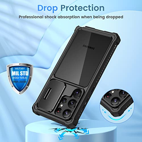Ruky Camera Case For Galaxy S23 Ultra 5G 6.8" - Military-Grade Shockproof Rugged Protection, Black #TOP4
