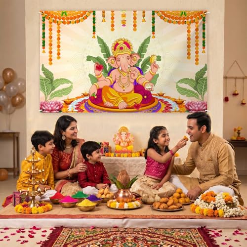 Image of Pooja Ganpati Decoration Banner Indian Puja Cloth Items Backdrop Traditional Chatiya Ganesh Mehndi Photography Background Wedding Festival Party Marigold Garlands Photo Booth 70.8x35.4inch