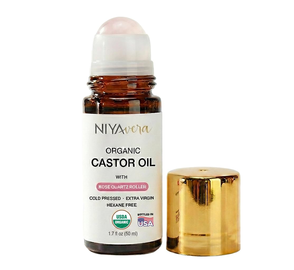 Organic Castor Oil Roll on with Rose Quartz for Skin and Body - Cold Pressed Hexane Free Glass Bottle Unrefined 1.7 oz