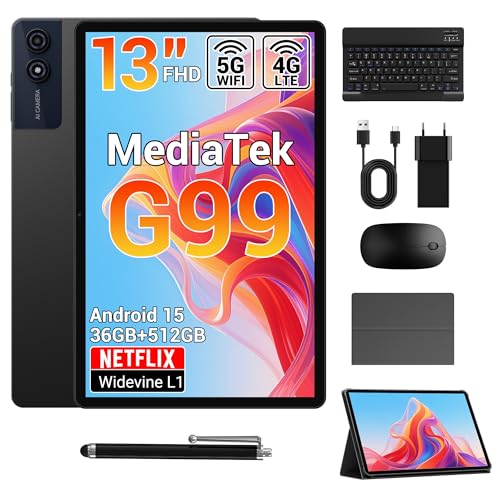 Tablet 13 Pollici con Android 15, 2.2GHz Octa-Core Gaming Tablets con 4G LTE/5G WiFi, 36GB RAM+512GB ROM+2TB Espansione,2960x1840 FHD+, Gemini AI,11580mAh,13MP+8MP,BT 5.0/GPS/Face ID/Tab con Tastiera