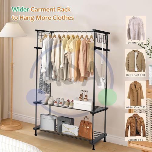 Image of ADA Premium High Density Drizzle Metal Garment Rack with 10 Side Hooks and 2 Lower Shelves | Heavy Duty Multifunctional Clothes Rack - Black (83 x 30 x 137cm)