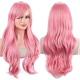 ANESHE Wigs 28 Inch 70cm Long Curly Wavy Hair Wig Heat Resistant Cosplay Wig with Wig Cap (Pink)