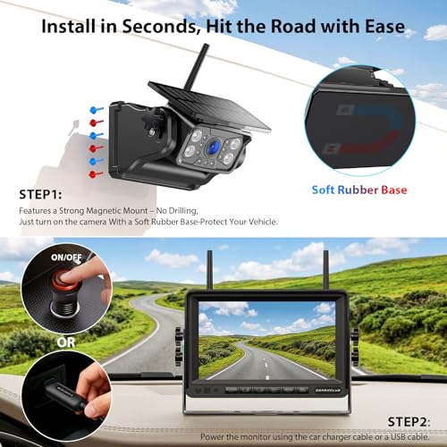 Image of Magnetic Solar Wireless Backup Camera System, HD 1080P 7 inch Monitor with Rear View Camera for RV /Trailer /Fifth Wheels /Camper, Night Vision, Portable Rechargeable Battery, Loop Recording-ZEROXCLUB BS701
