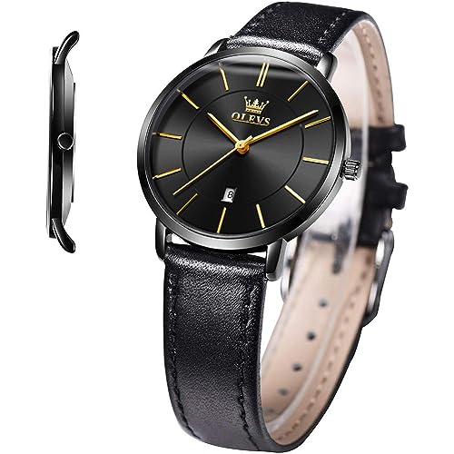 OLEVS Womens Watches Leather Band for Ladies Female Black Ultra Thin Wrist Watch Minimalist Slim Waterproof Fashion Casual Simple Dress Quartz Analog Wristwatch Classic Gifts with Date Calendar