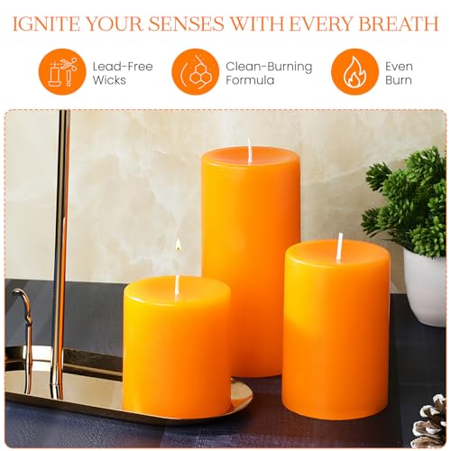 Image of D'Velas Pack of 3 Unscented Orange Pillar Candles | Burn Time 50 /65 /80 Hours | Bonus 3oz Scented Travel Tin | Long-Lasting Paraffin Wax Candles for Home Decor, Festive Use & Events