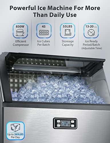 Ice Maker 265Lbs/24H Commercial Ice Machine, 120 Cubes Per Batch In 13-20 Minutes With 48Lbs Storage Bin, Advanced Lcd Panel With Clear Indicators,Freestanding For Office/Food Truck/Bar #TOP2