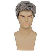 Vista 2 de Kaneles Peluca corta gris de repuesto sintético para hombre, disfraz de Halloween, cabello natural suave en capas (gris)