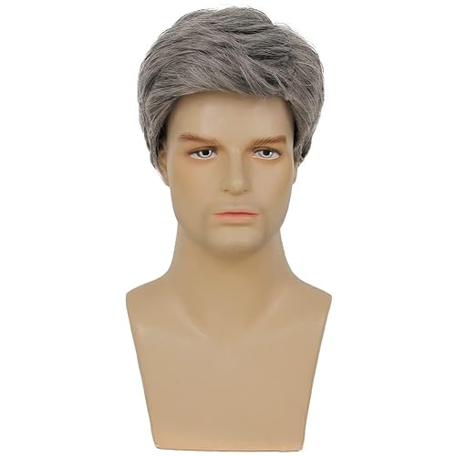 Miniatura 2 de Kaneles Peluca corta sintética de repuesto para hombre, pelucas de cabello natural suave para Halloween (gris)