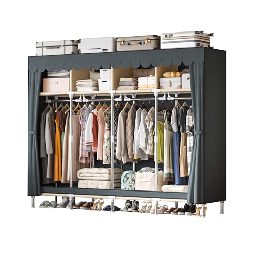 LEAIJIAFY 大型ポータブル戸棚 ワードローブクローゼット 吊り下げロッド4本と引き出し付き グレーメタル収納 ワードローブ衣類ラック ダストカバー付き 衣類を掛けるための幅68インチ 寝室 (グレー, 長さ 197cm)