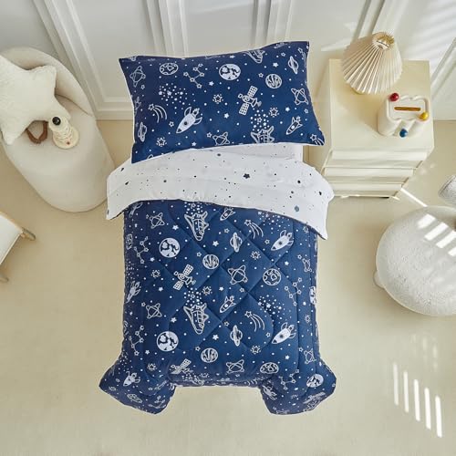 Image of DuShow Navy Blue Toddler Bedding Set for Boys,4 Pieces Space Crib Bed Sheets Set,Soft Toddler Comforter Set in a Bag, Includes Quilted Comforter, Flat Top Sheet, Fitted Sheet, Envelope Pillow Case