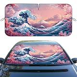 Anime Cherry Blossoms Car Front Window Sun Shield Great Wave Mount Fuji Heatshield Front Window Car Sun ​Shade Windshield Rays Sun Shade Visor Protector for Car Sedan Truck SUV Accessories