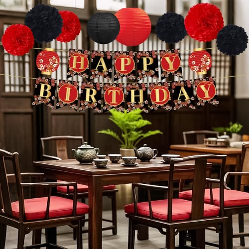 Image of Hibachi Birthday Party Decorations - 12 Pcs Pre-Strung Red Black Gold Cherries Flower Banner, Japanese Style Chinese Lanterns Decor Paper Flowers, Happy Birthday Party Supplies for Men Women
