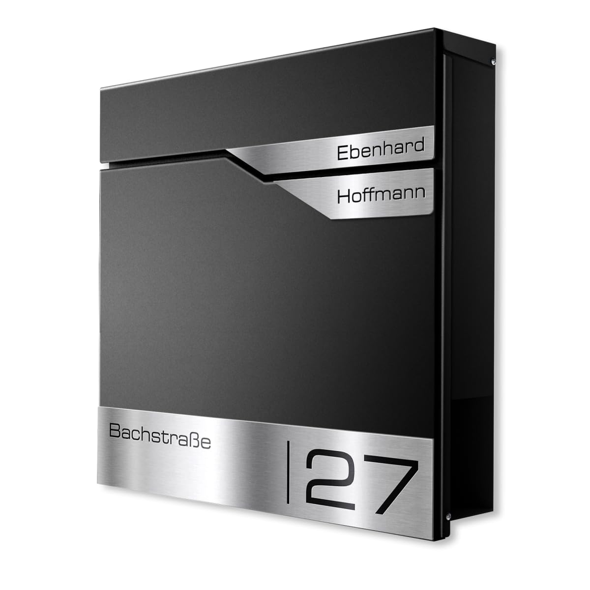 Metzler Buzón Negro para 2 Partes con Compartimento para periódicos y número de casa – Buzón de Pared con Dos Etiquetas de Nombre, Grabado láser, Resistente al Agua e Inoxidable | Albrecht